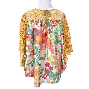 Reynu Taandon Anthropologie Floral Blouse XS Yellow Crochet Spring Boho Peasant